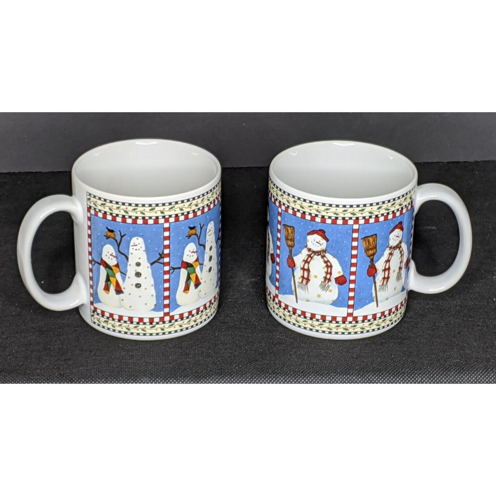 Sakura Debbie Mumm SNOWMAN Cups Mug Set of 2 Different Designs 3 5/8" Tall 1998